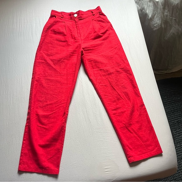 STIL. red linen high rise tapered slim straight leg cropped pants
